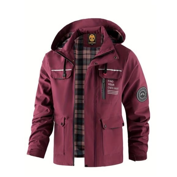 NWT Men's Burgundy Plaid Lined Hooded Jacket | Windbreaker Coat - Picture 1 of 10